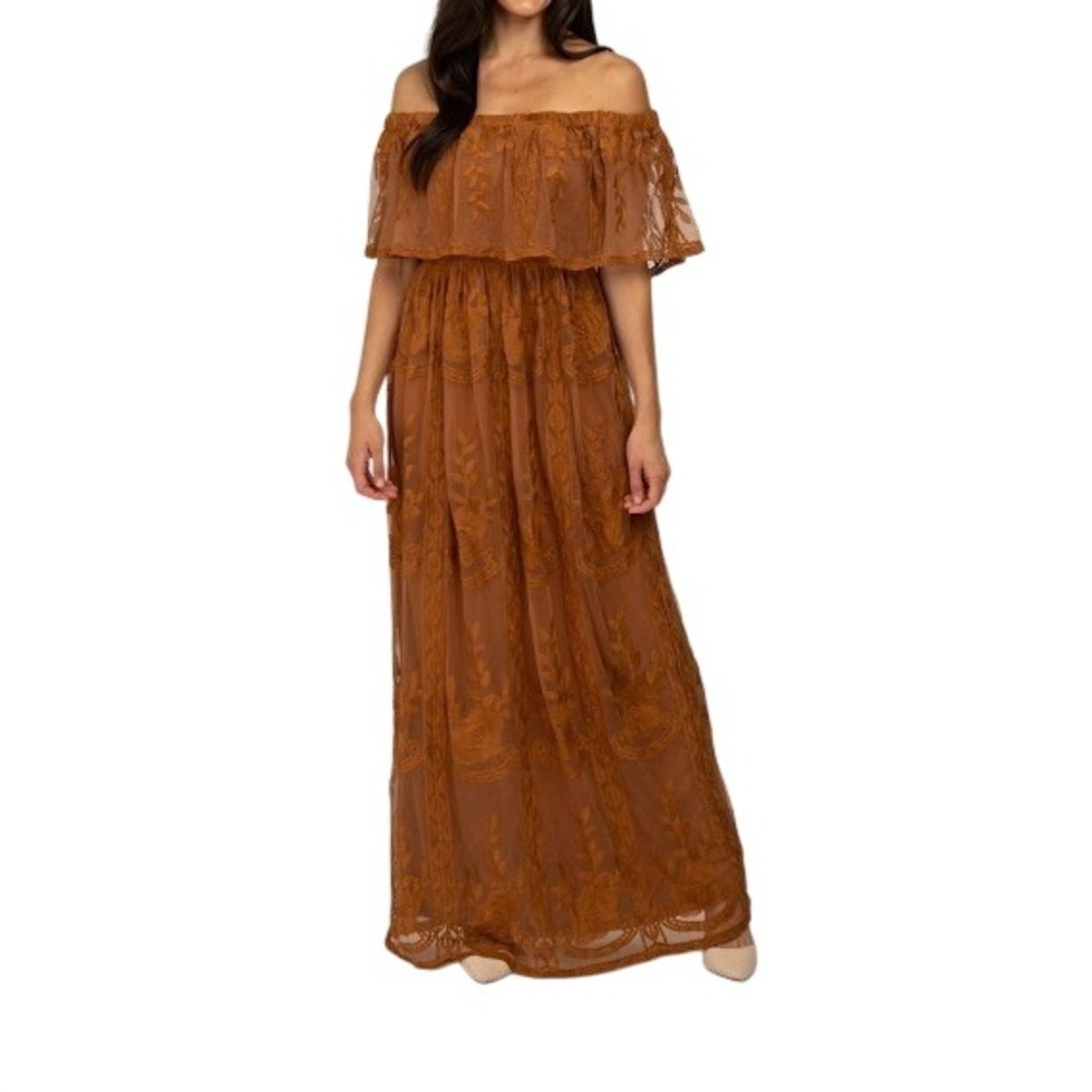 Dress Day Maxi Dress Womens M Copper Brown Lace Off Shoulder Boho Romantic